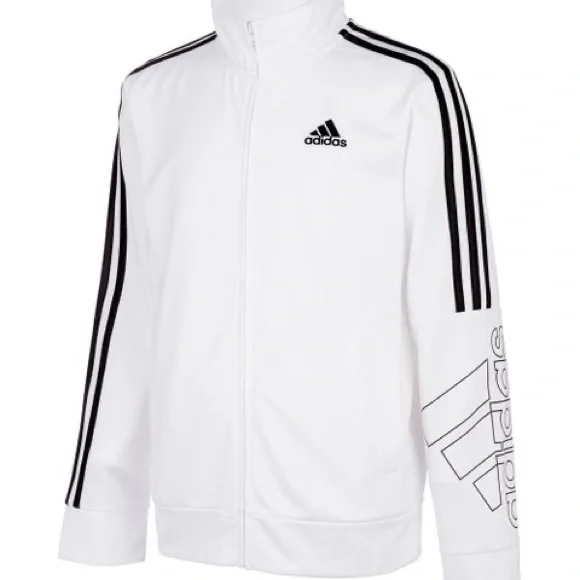 Boys Adidas White & Black Stripe-Accent Logo Zip-Up Track Jacket, Sz. XL 18/20 - Picture 5 of 8
